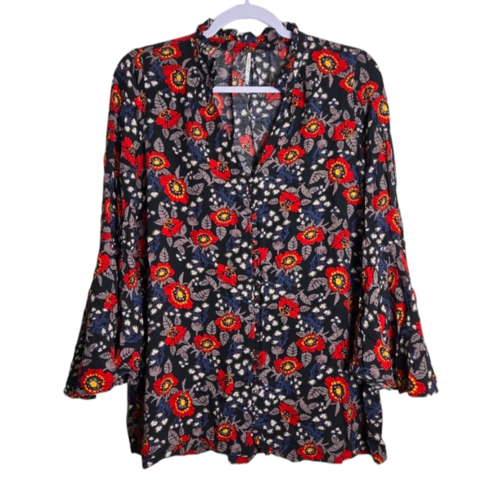 FREE PEOPLE Floral V neck Bell Sleeve‎ Boho Red Blue Blouse Tunic Top XS